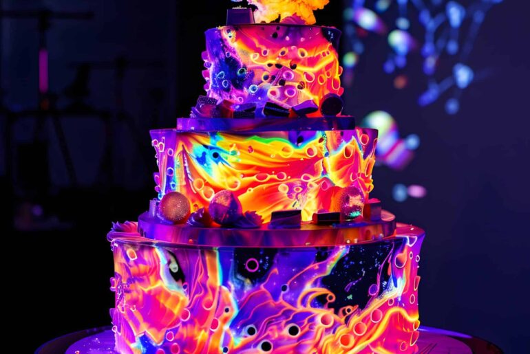 Stunninng 3D Projection Wedding Cake, projection mapped in many beautiful colors